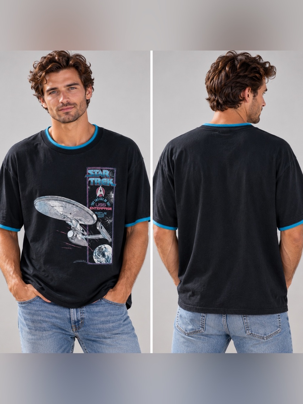 Vintage 1991 Star Trek USS Enterprise Graphic 90s Ringer Tee L Shirt Spaceship